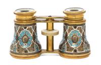 A Pair of French Champleve Decorated Opera Glasses, Width 4 1/8 inches.