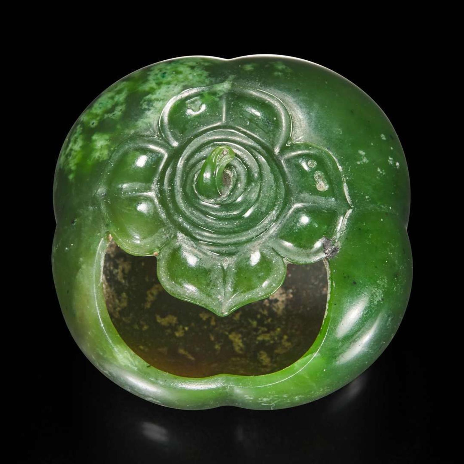 A Chinese carved spinach jade four-lobed persimmon coupe 翠玉四叶柿子形水丞