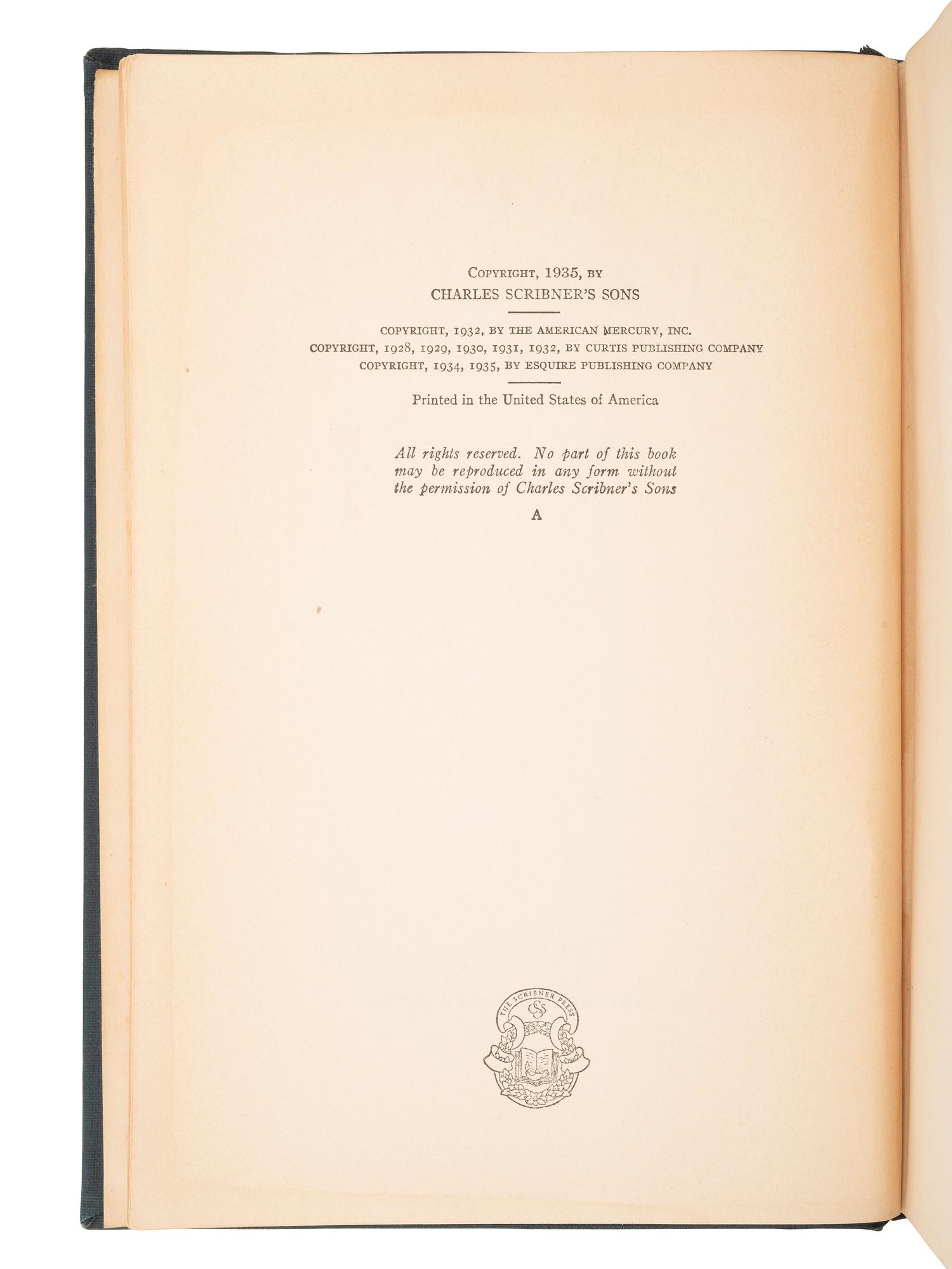 FITZGERALD, F. Scott (1896-1940). Taps at Reveille. New York: Charles Scribner's Sons, 1935.