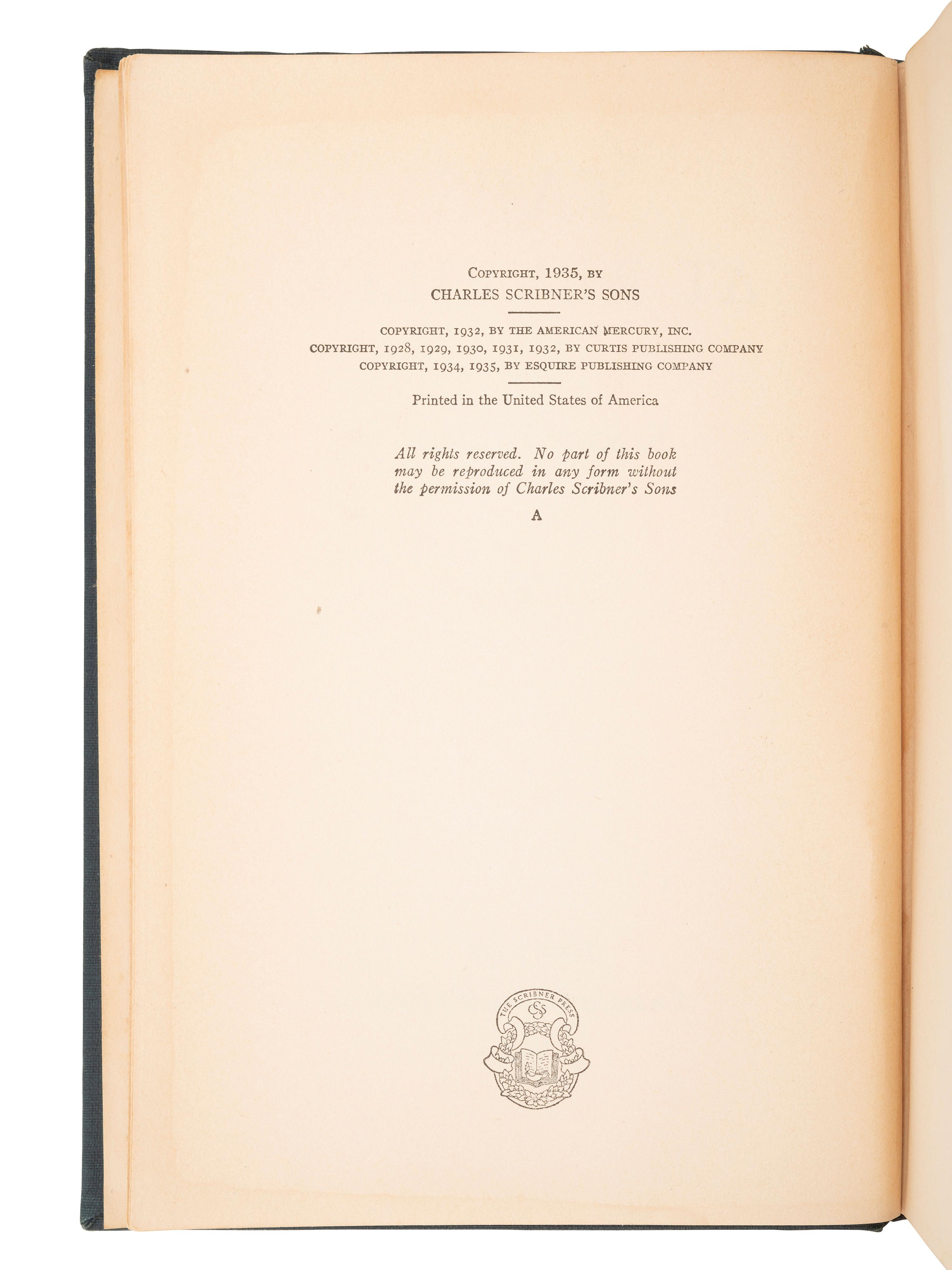 FITZGERALD, F. Scott (1896-1940). Taps at Reveille. New York: Charles Scribner's Sons, 1935.