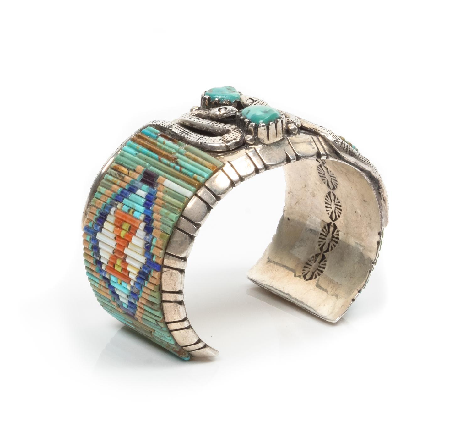 A Southwestern Style Silver, Multi-Color Stone and Shell Mosaic and Turquoise Cuff with Snake Motif, attributed to David R. Freeland, J