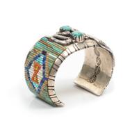 A Southwestern Style Silver, Multi-Color Stone and Shell Mosaic and Turquoise Cuff with Snake Motif, attributed to David R. Freeland, J