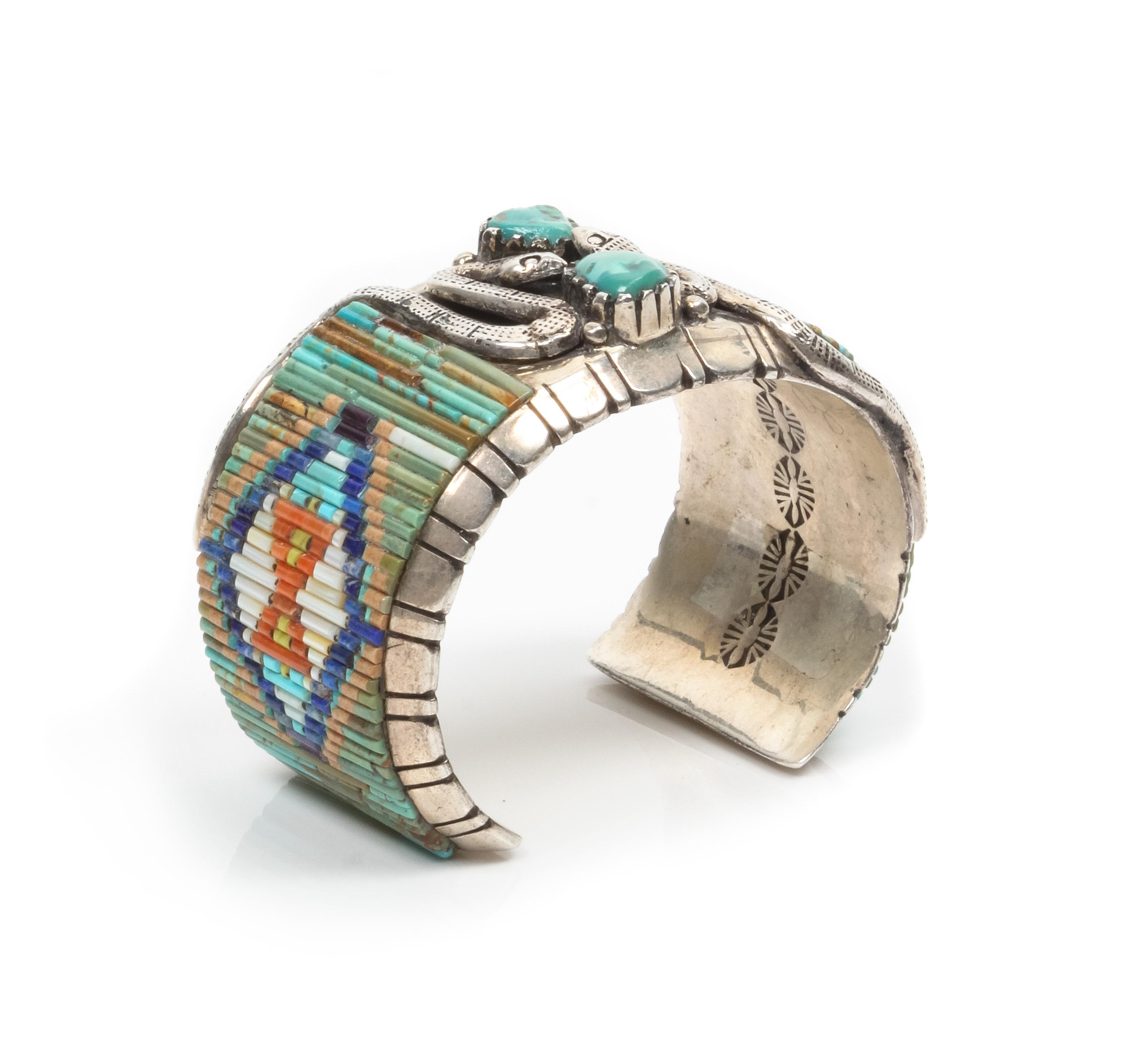 A Southwestern Style Silver, Multi-Color Stone and Shell Mosaic and Turquoise Cuff with Snake Motif, attributed to David R. Freeland, J
