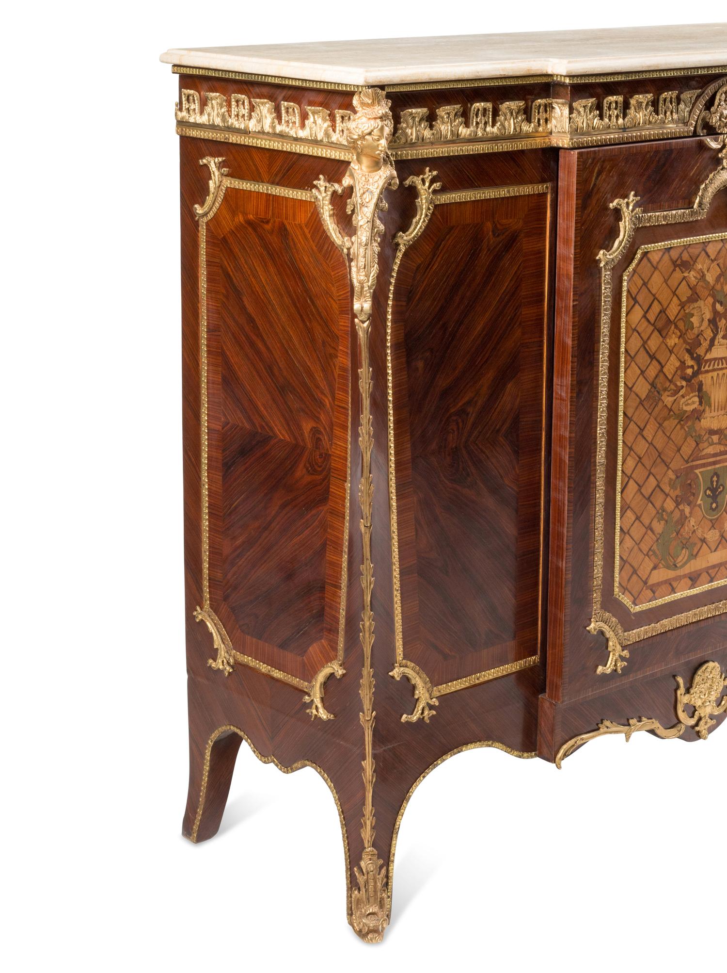A French Gilt Bronze Mounted Marquetry Marble-Top Cabinet
