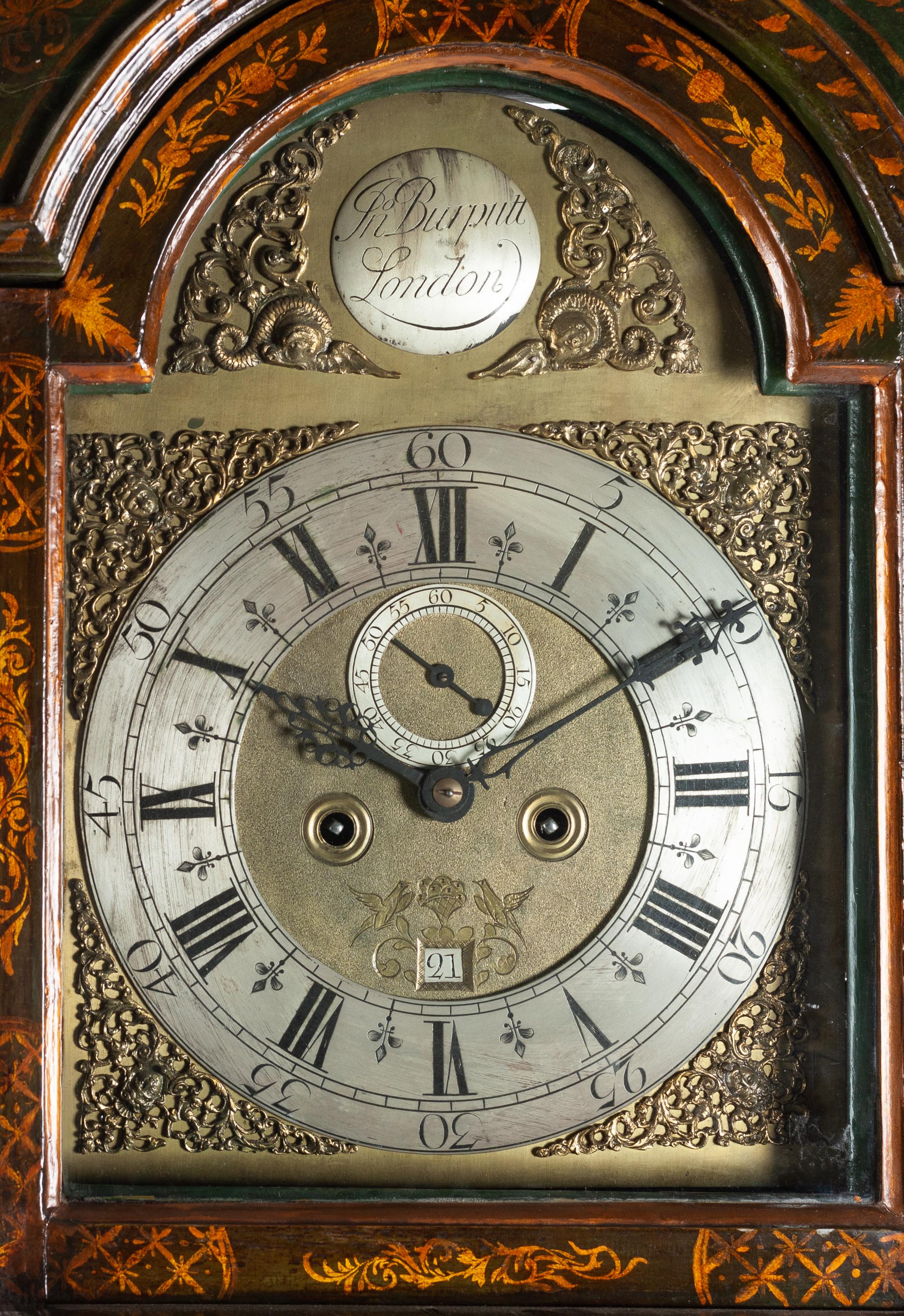 An English Lacquered Tall Case Clock Height 87 1/2 x width 20 x depth 10 inches. — JOHN BURPUTT, LONDON, 18TH CENTURY