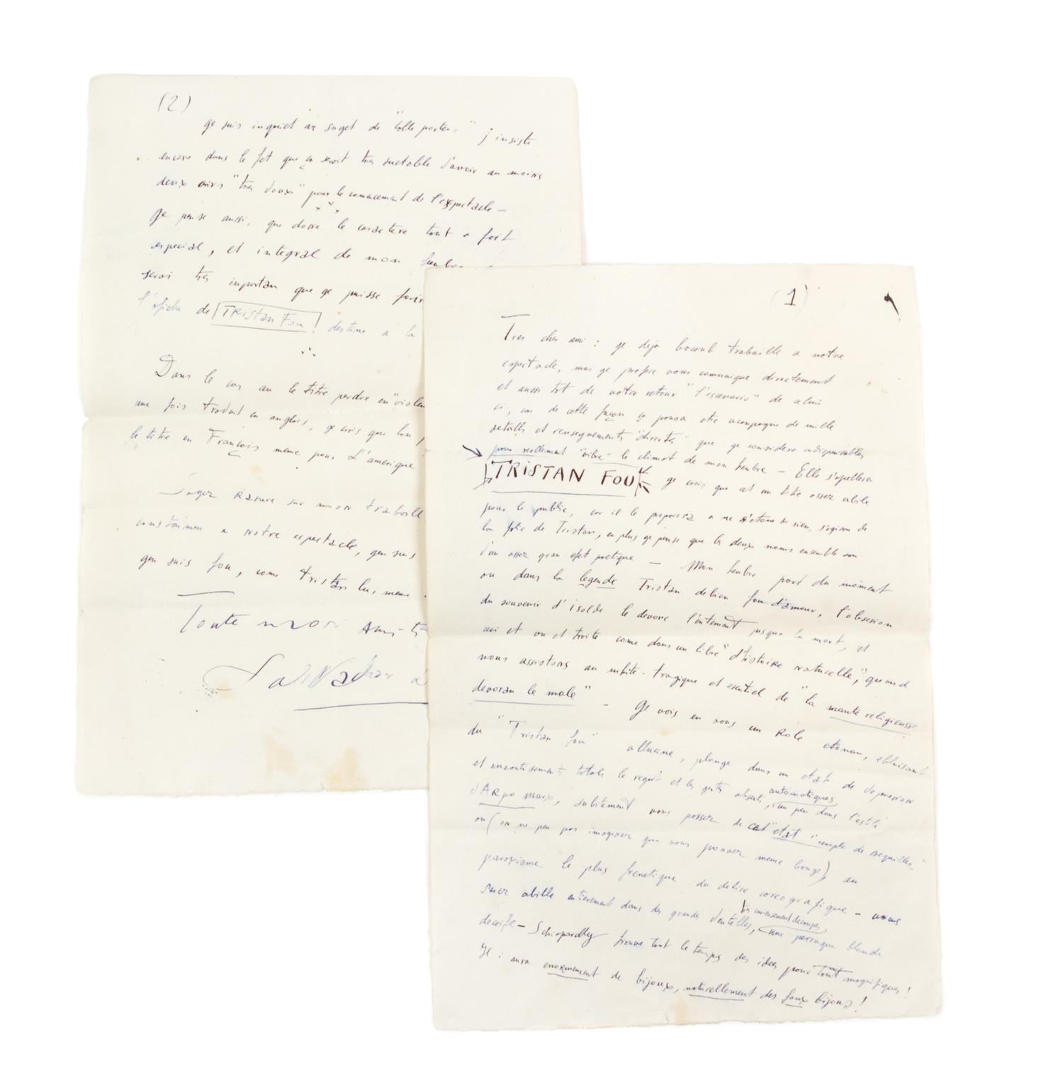 DALI, SALVADOR. Autographed letter signed. Regarding the ballet production of Tristan Fou.