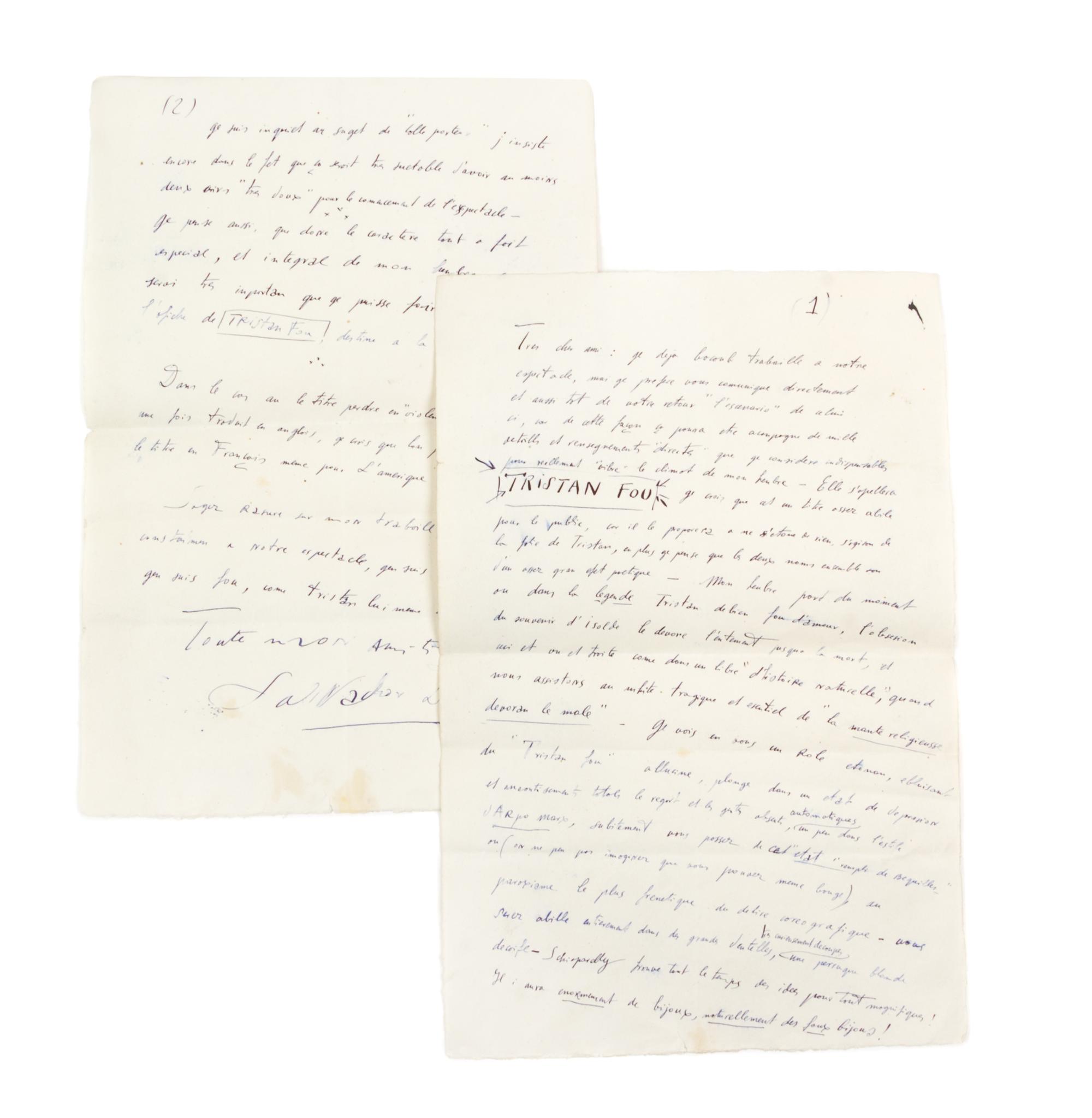 DALI, SALVADOR. Autographed letter signed. Regarding the ballet production of Tristan Fou.