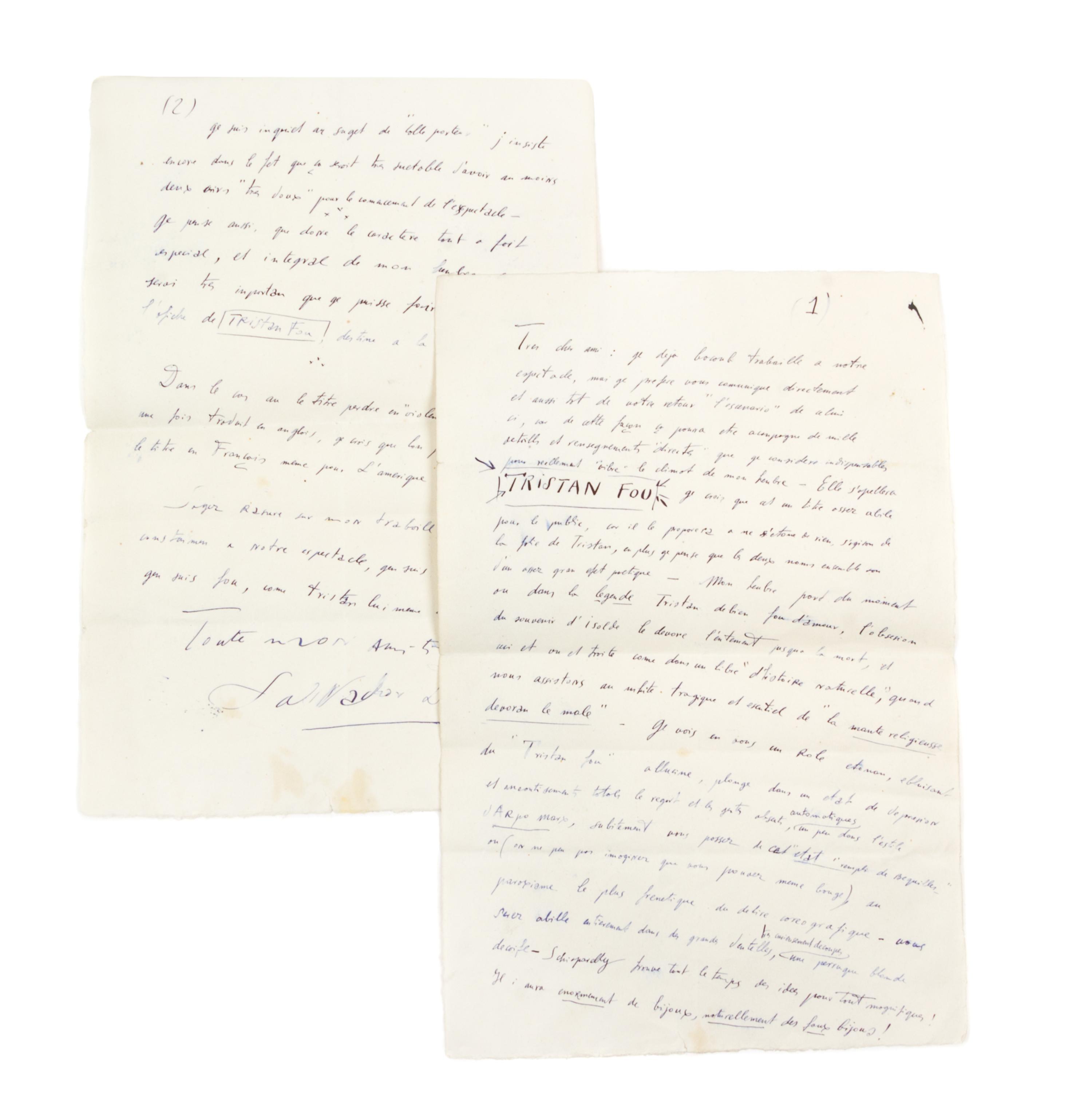 DALI, SALVADOR. Autographed letter signed. Regarding the ballet production of Tristan Fou.
