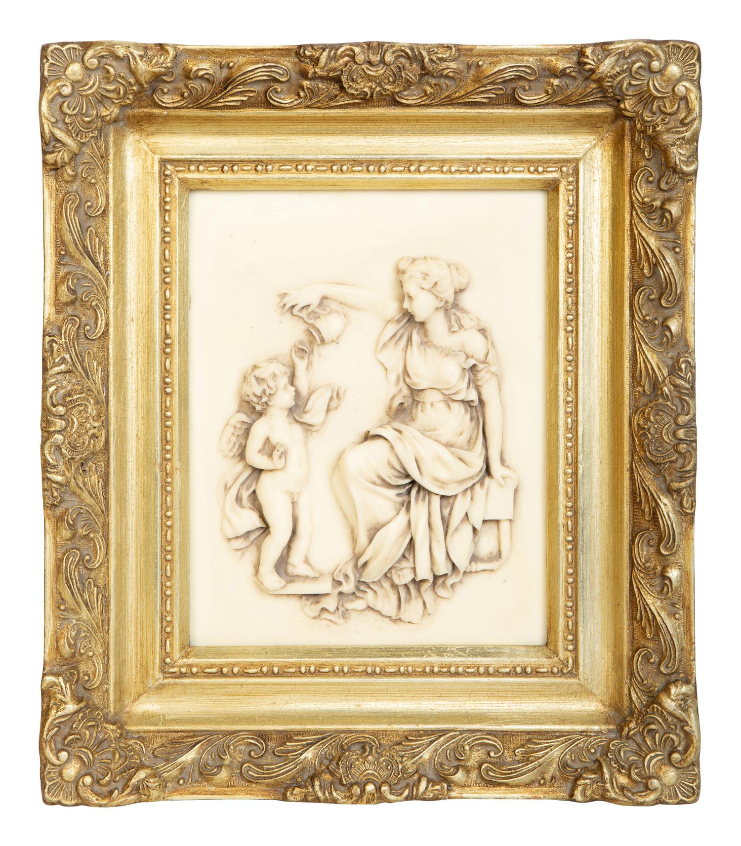 Four Faux Marble Resin Bas Relief Panels of Putti and Classical Figures