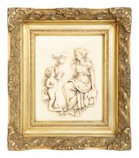 Four Faux Marble Resin Bas Relief Panels of Putti and Classical Figures