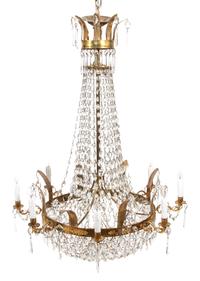 A Regency Style Gilt Metal and Glass Swag Tiered Chandelier Height 48 x diameter 32 inches. — 19TH CENTURY