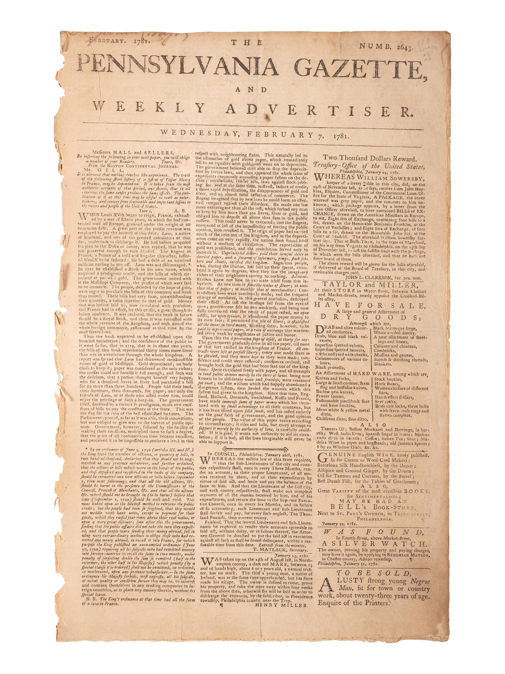 [REVOLUTIONARY WAR - BATTLE OF MORRISANIA]. The Pennsylvania Gazette and Weekly Advertiser. No. 2643. Philadelphia, PA: Hall and Sellers, 7 February 1781.