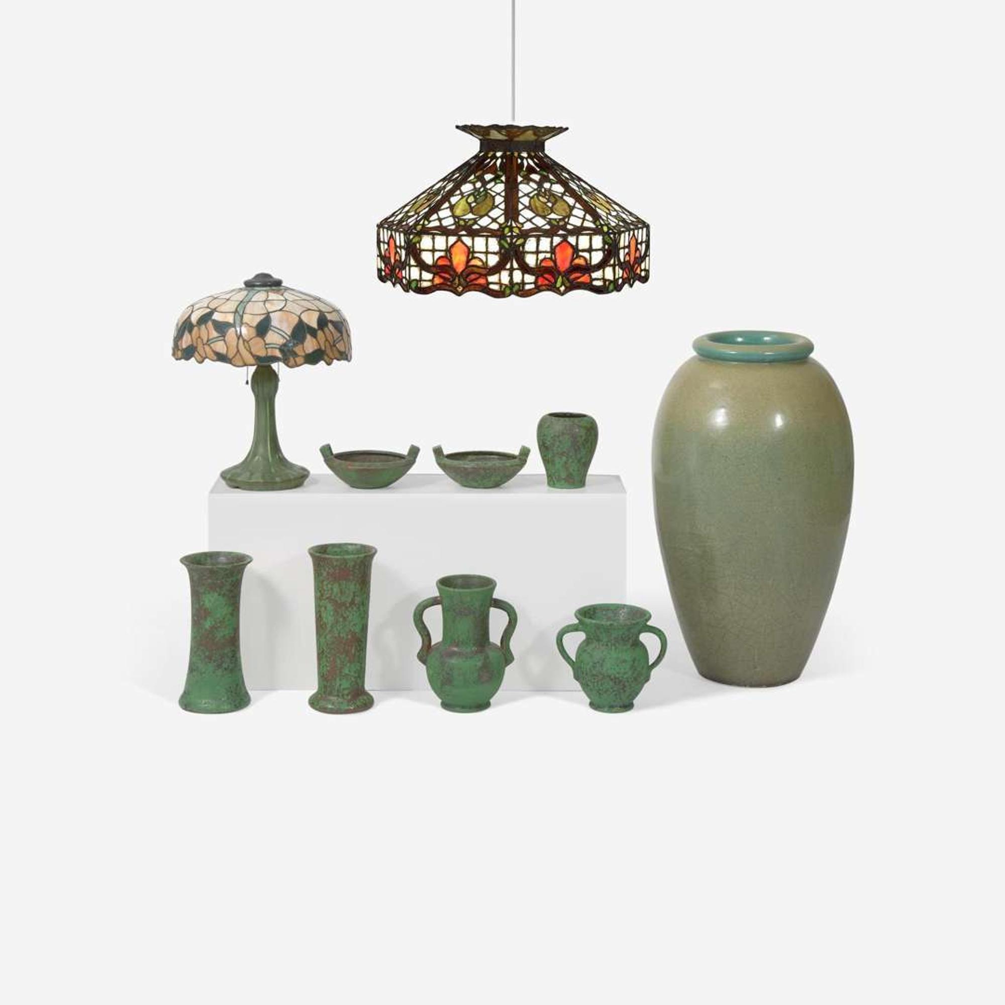 American Art Pottery, etc. Collection of Weller "Coppertone" Vessels, a Hampshire Pottery Lamp, a Floor Vase, and Hanging Shade, USA, early 20th century