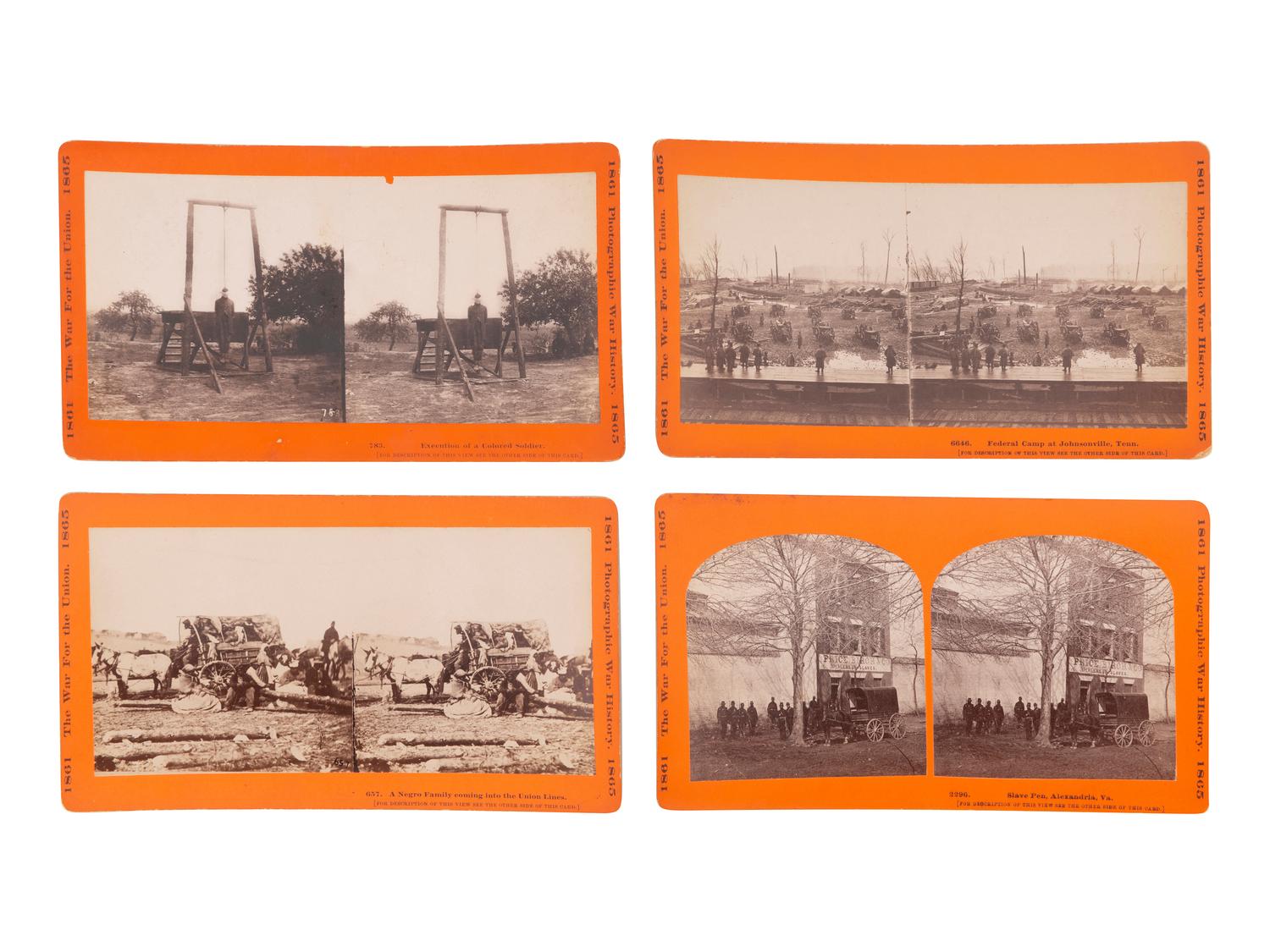 [CIVIL WAR]. A group of 6 stereoviews featuring African American subjects, incl. "contrabands" and soldiers. Hartford, CT: Taylor & Huntington, ca 1890s.