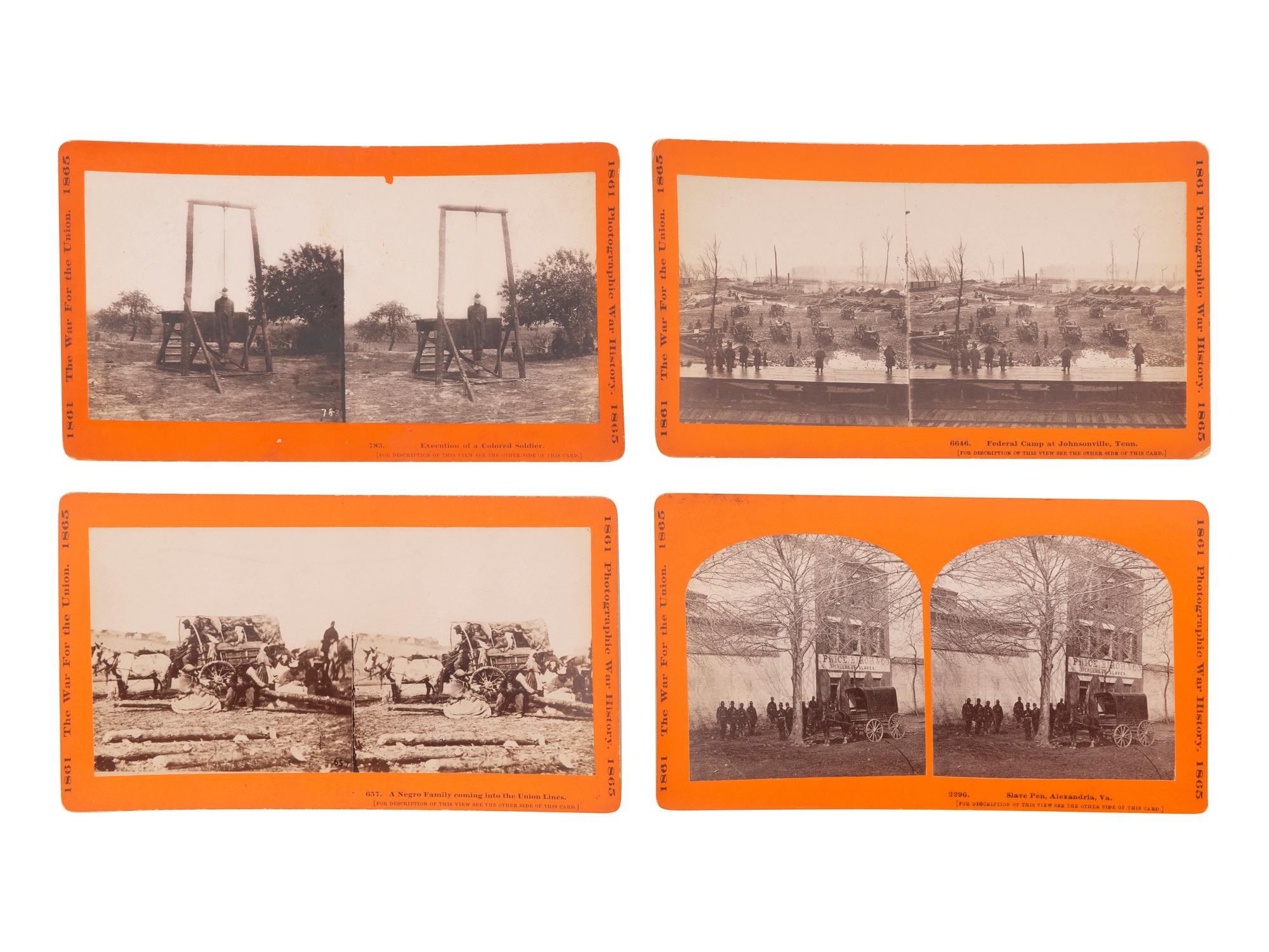 [CIVIL WAR]. A group of 6 stereoviews featuring African American subjects, incl. "contrabands" and soldiers. Hartford, CT: Taylor & Huntington, ca 1890s.