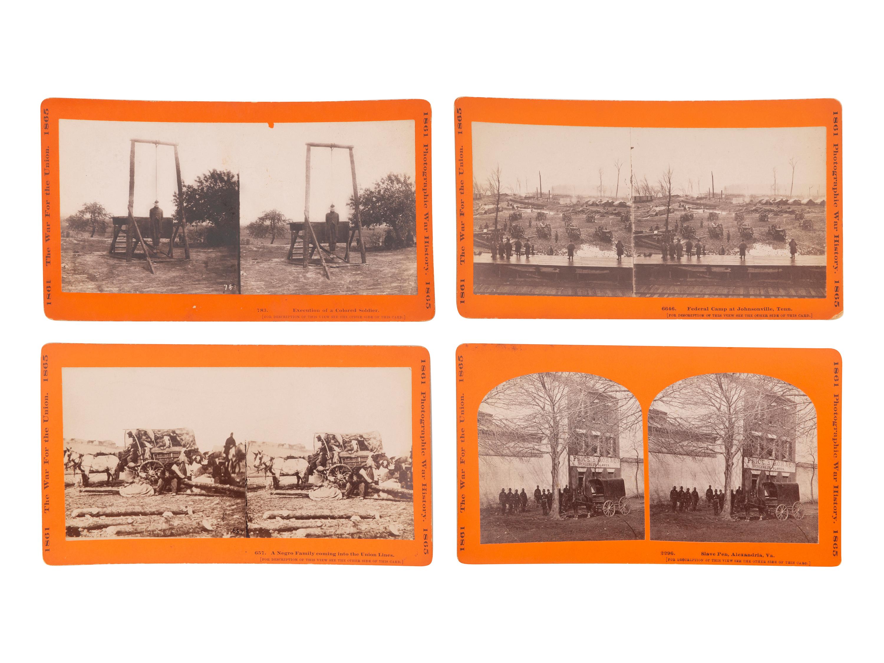 [CIVIL WAR]. A group of 6 stereoviews featuring African American subjects, incl. "contrabands" and soldiers. Hartford, CT: Taylor & Huntington, ca 1890s.