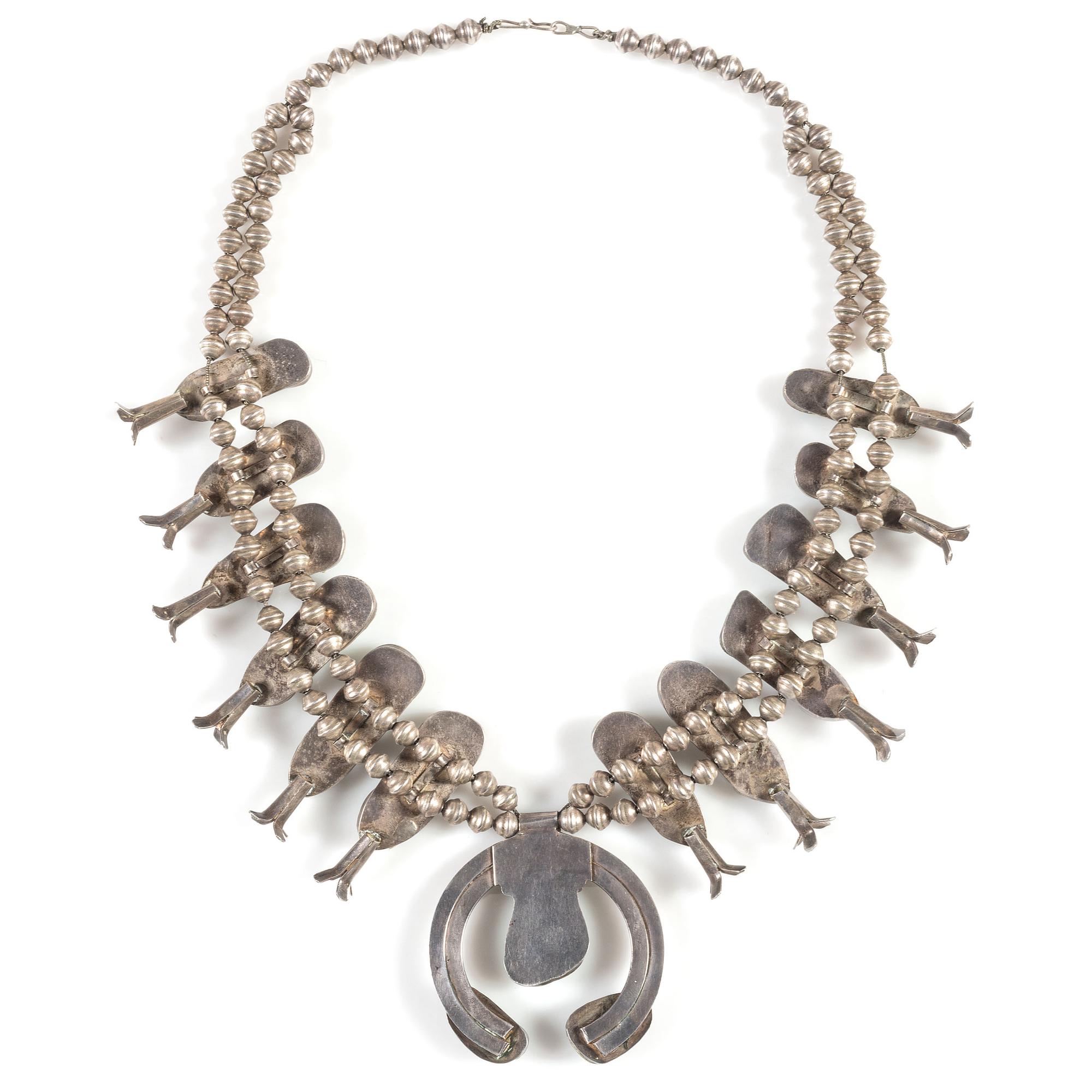 Navajo Silver and Turquoise Squash Blossom Necklace