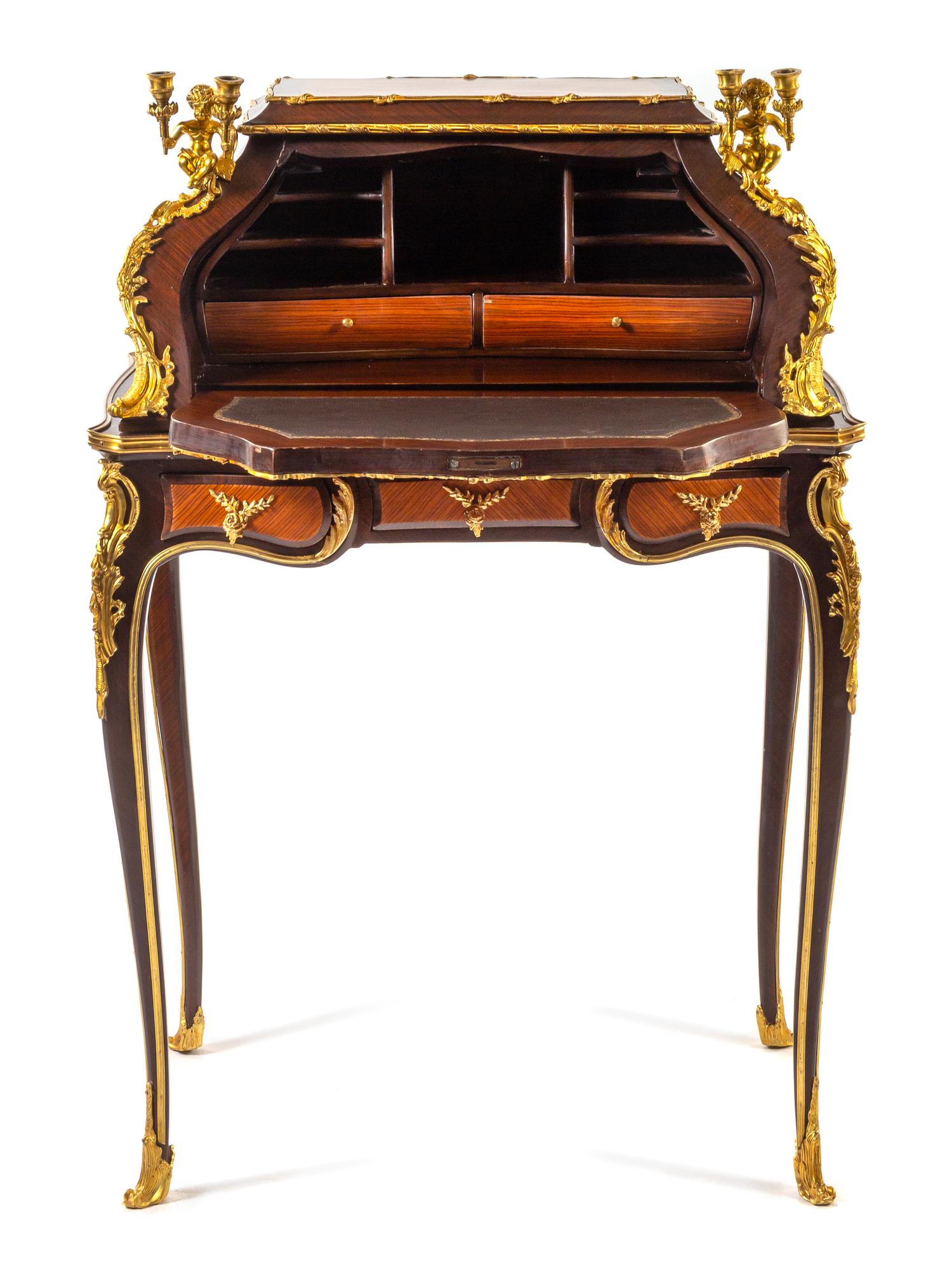 A Louis XV Style Gilt Bronze Mounted Slant-Front Writing Desk Height 42 1/2 x width 29 1/4 x depth 20 3/4 inches. — 20TH CENTURY