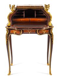 A Louis XV Style Gilt Bronze Mounted Slant-Front Writing Desk Height 42 1/2 x width 29 1/4 x depth 20 3/4 inches. — 20TH CENTURY