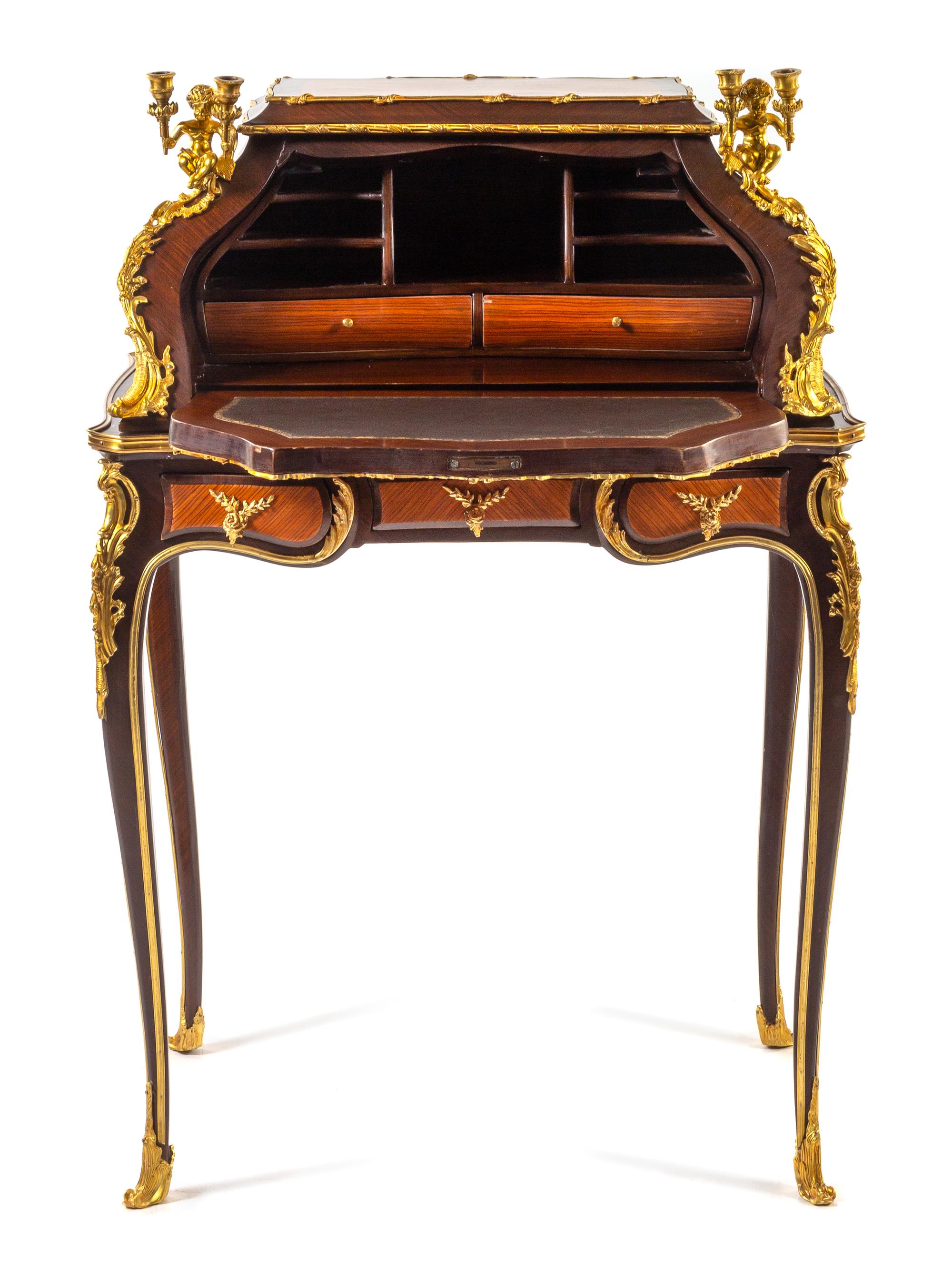 A Louis XV Style Gilt Bronze Mounted Slant-Front Writing Desk Height 42 1/2 x width 29 1/4 x depth 20 3/4 inches. — 20TH CENTURY