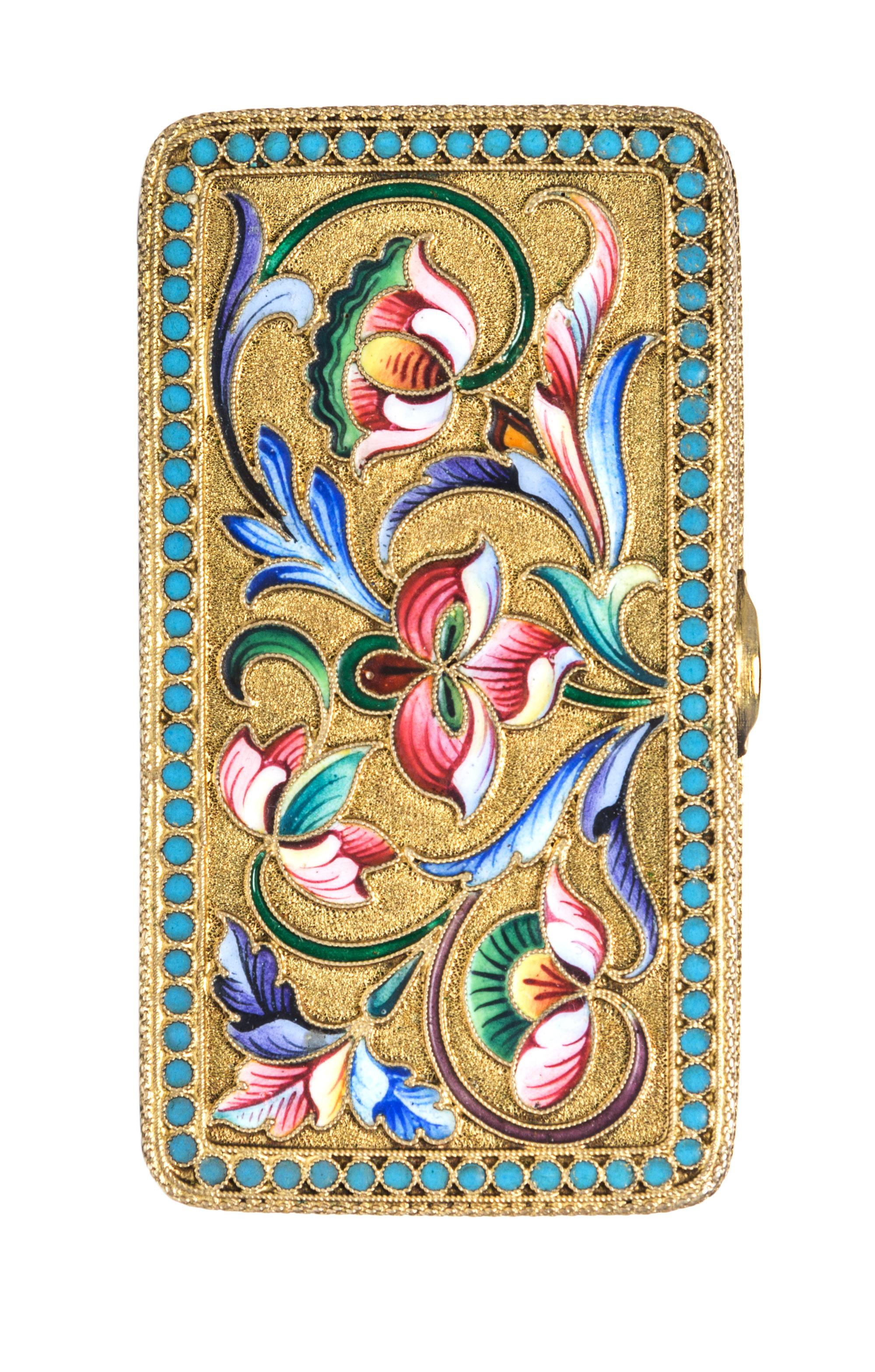 A Russian Enameled Gilt-Silver Box, Moscow 1908-1926, of rectangular form with floral decoration.