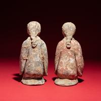 A Pair of Chinese Painted Pottery Kneeling Ladies, Western Han Dynasty — 西漢 陶彩繪跽坐女樂俑一對