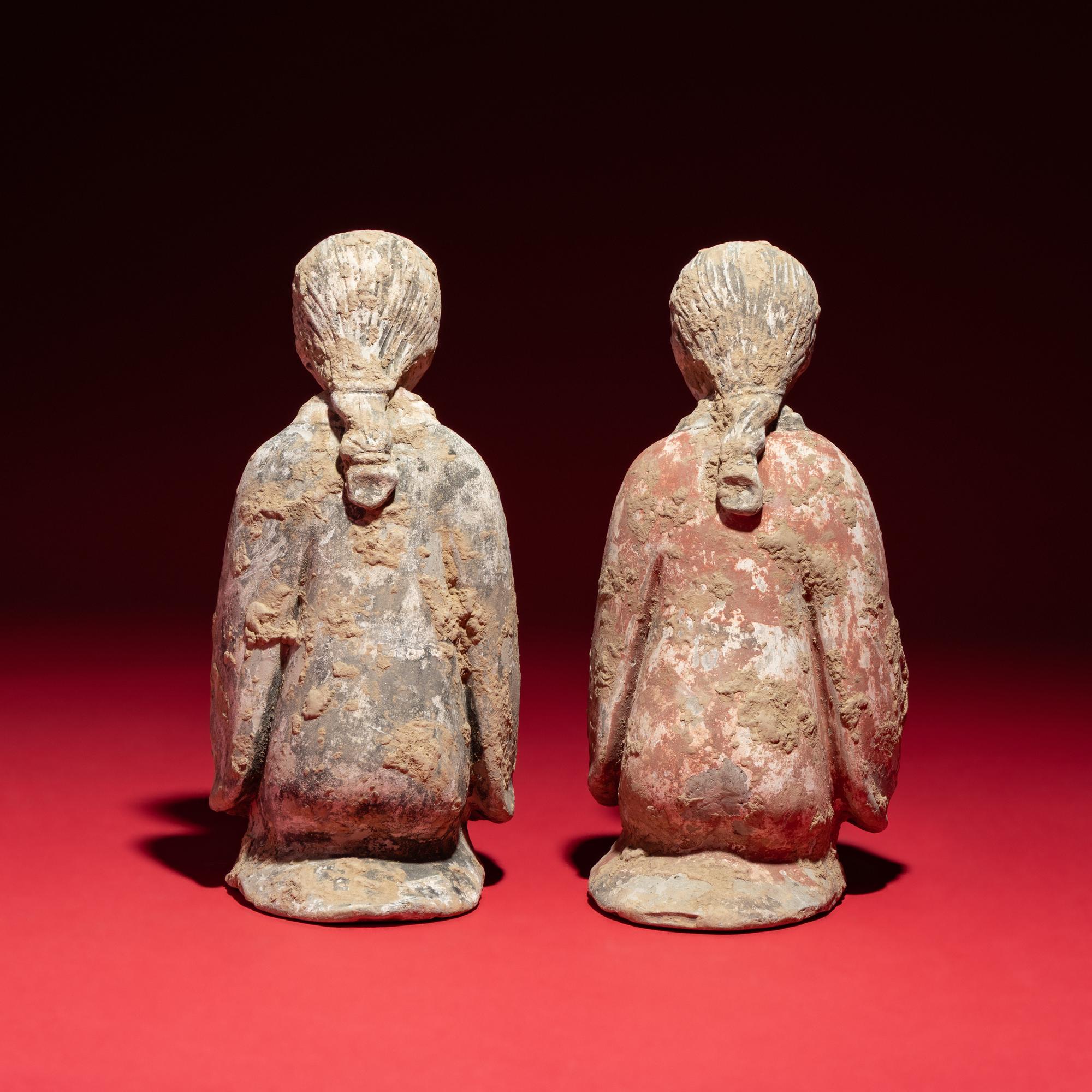 A Pair of Chinese Painted Pottery Kneeling Ladies, Western Han Dynasty — 西漢 陶彩繪跽坐女樂俑一對