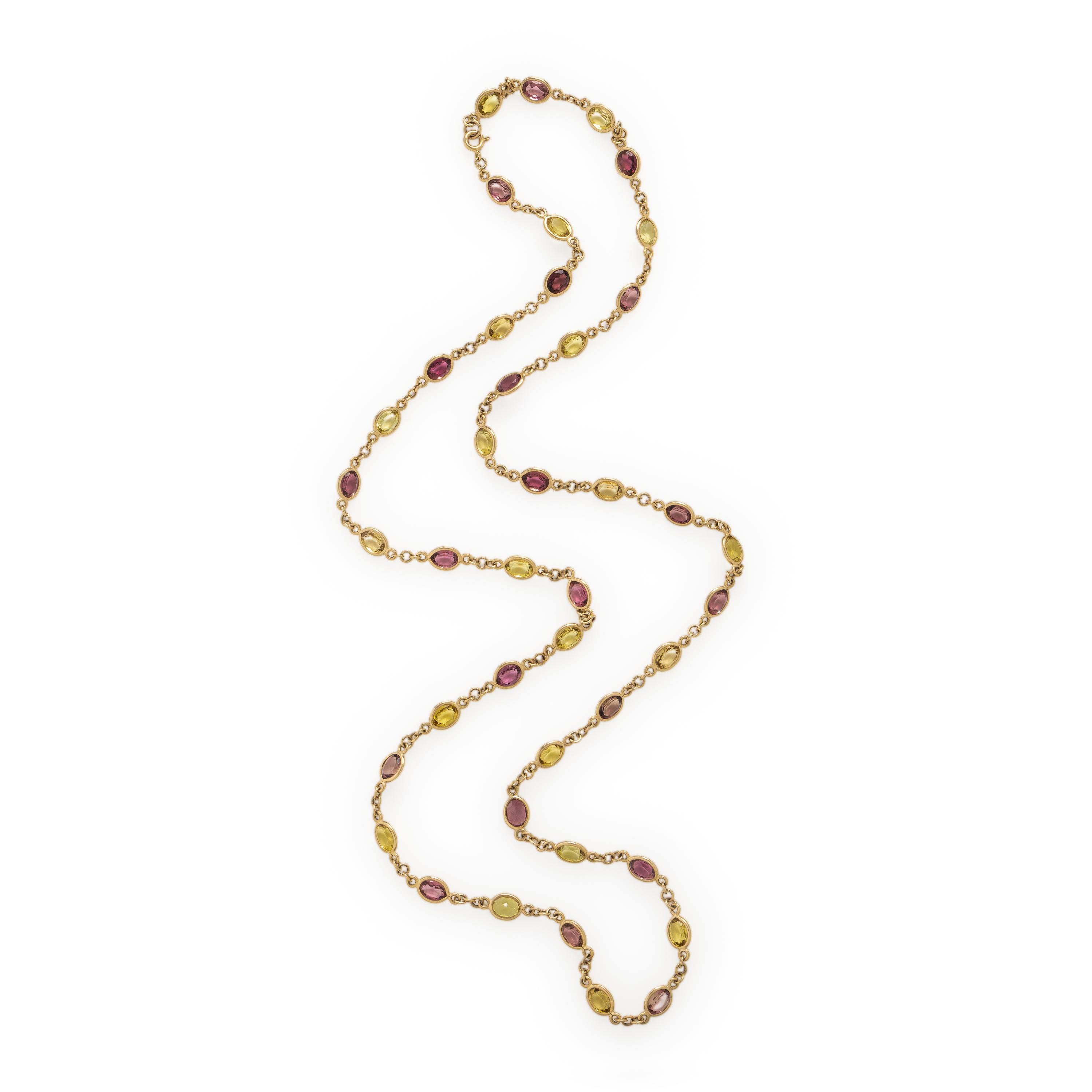 Two Multigem and Yellow Gold Station Necklaces