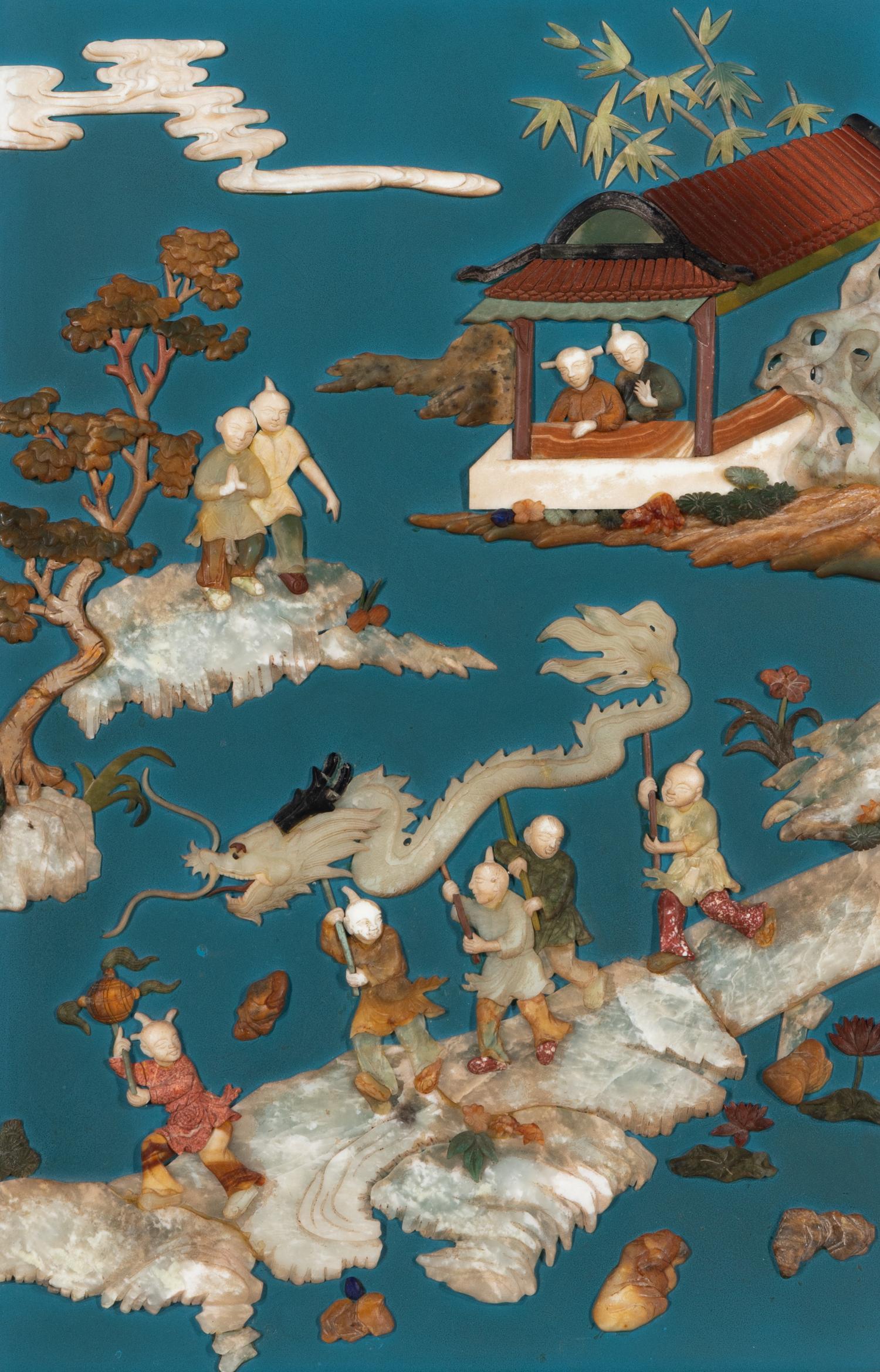 A Pair of Chinese Jade and Hardstone Inlaid and Cinnabar Lacquered Hanging Screens, 20th Century 近代 剔紅框藍地嵌寶童子圖挂屏一對