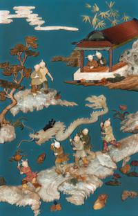 A Pair of Chinese Jade and Hardstone Inlaid and Cinnabar Lacquered Hanging Screens, 20th Century 近代 剔紅框藍地嵌寶童子圖挂屏一對