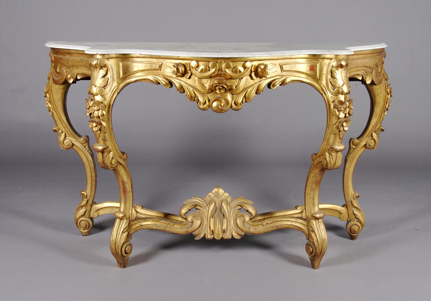 A Louis XV Style Giltwood Console Table, Height 32 x width 57 x depth 18 inches.