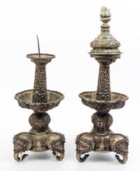 Two Mongolian Style Silvered Metal Articles Height of taller 21 1/2 inches.