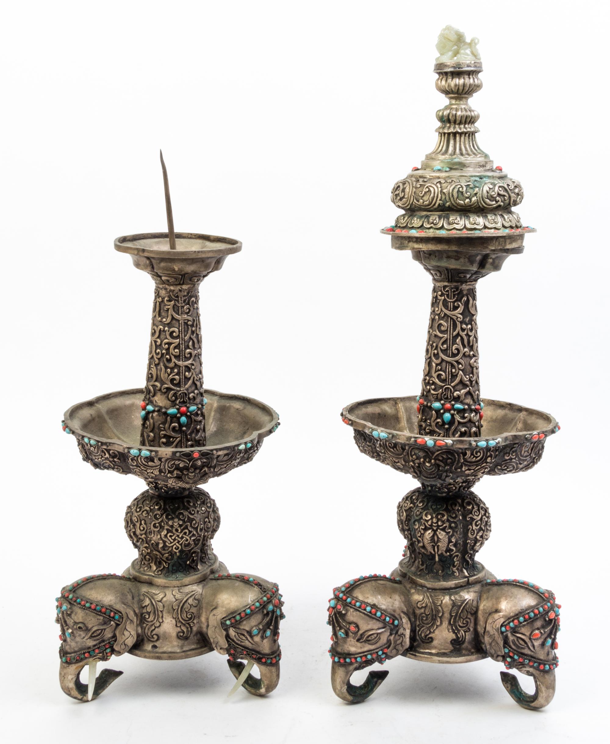 Two Mongolian Style Silvered Metal Articles Height of taller 21 1/2 inches.