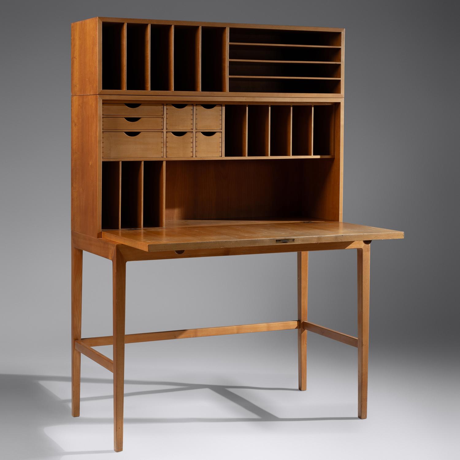 Drop-front desk and wall shelf, c. 1958