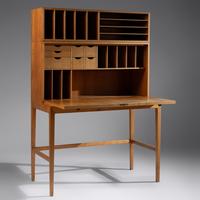 Drop-front desk and wall shelf, c. 1958