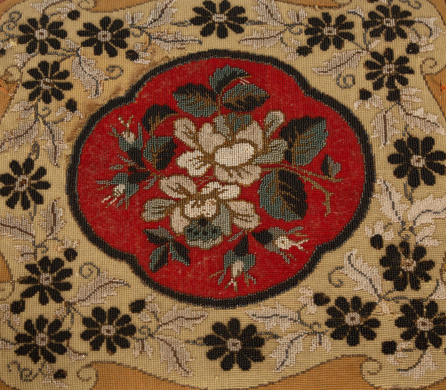 An Early Victorian Stool with Beaded Needlework Upholstered Seat and Fringe