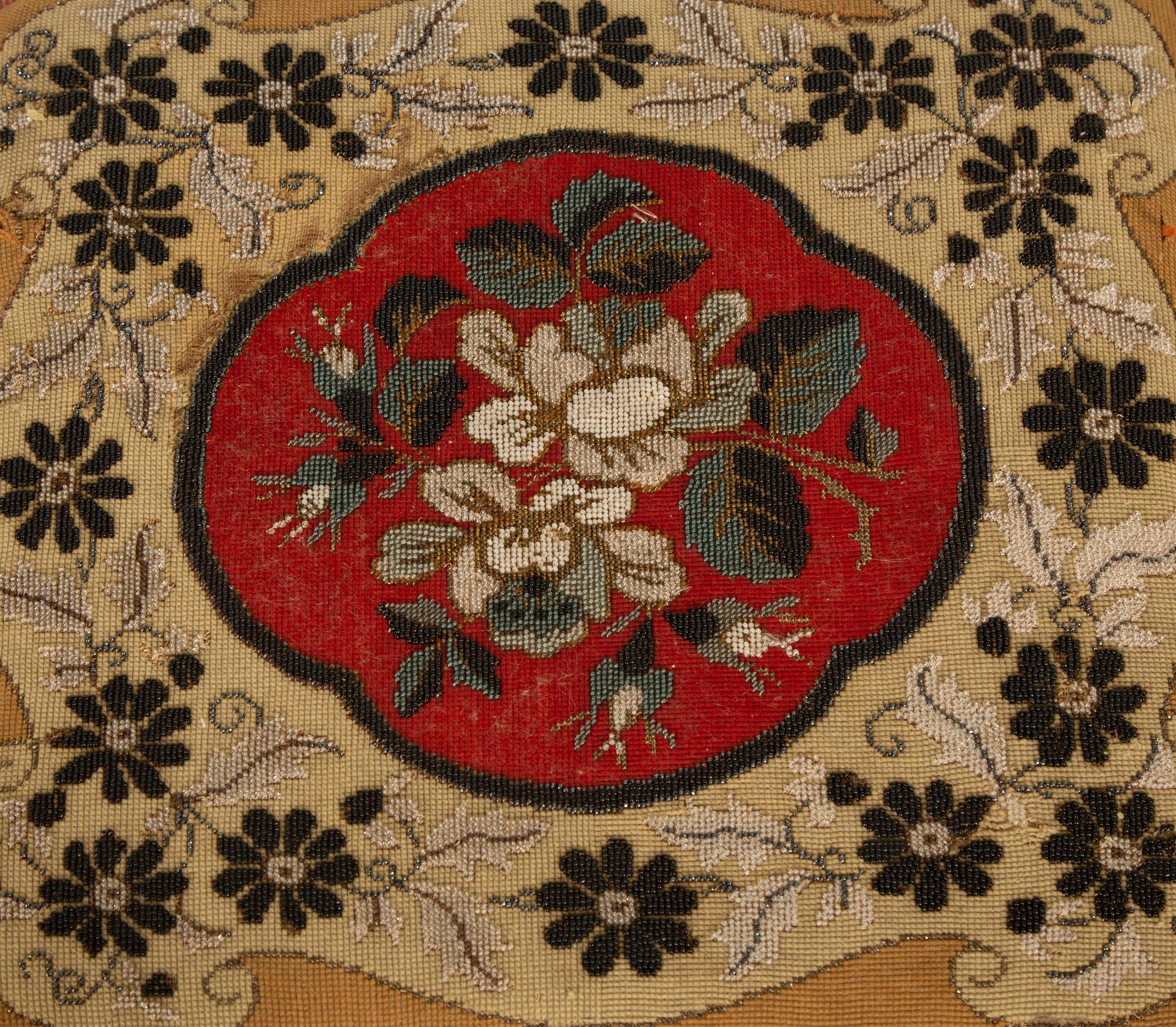 An Early Victorian Stool with Beaded Needlework Upholstered Seat and Fringe