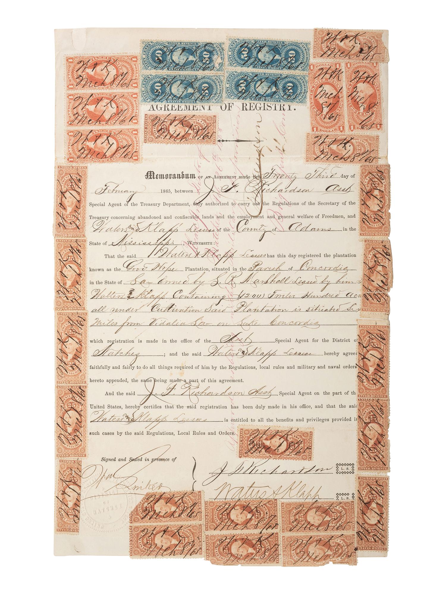 [ENSLAVEMENT & ABOLITION]. "Agreement of Registry" regarding the lease of lands and employment of "freedmen" at the Good Hope Plantation in Vidalia, LA. United States Rental and Plantation Office, District of Natchez. 23 February 1865.