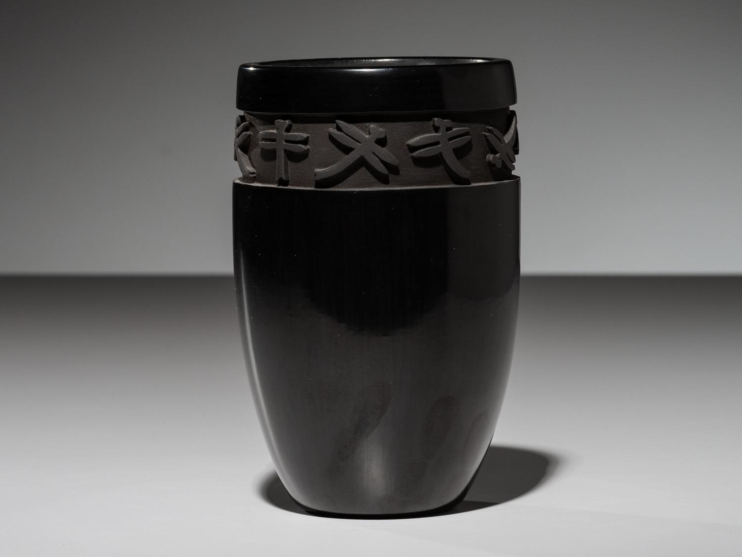 Carved Blackware Vase, with Dragonflies