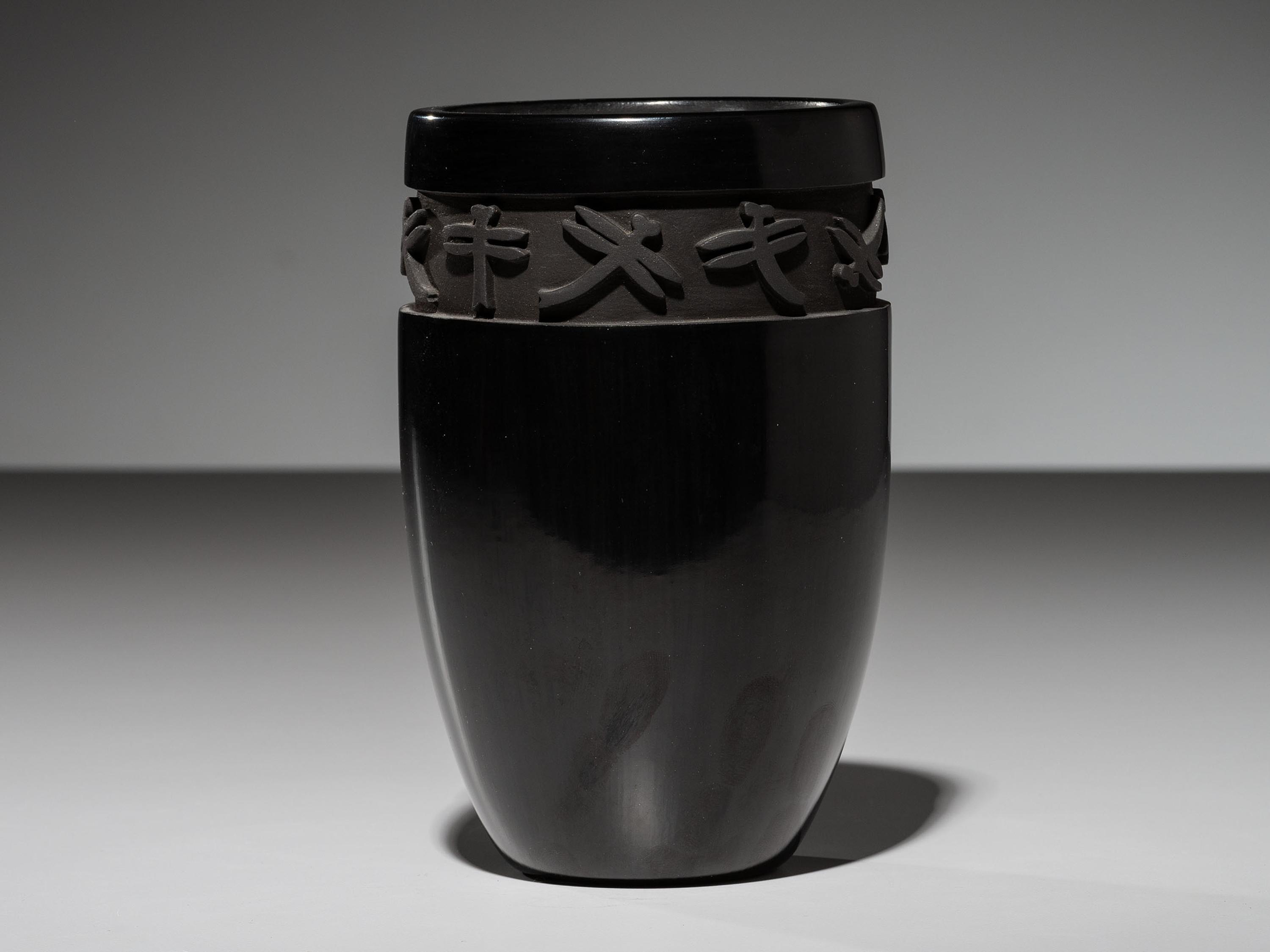 Carved Blackware Vase, with Dragonflies