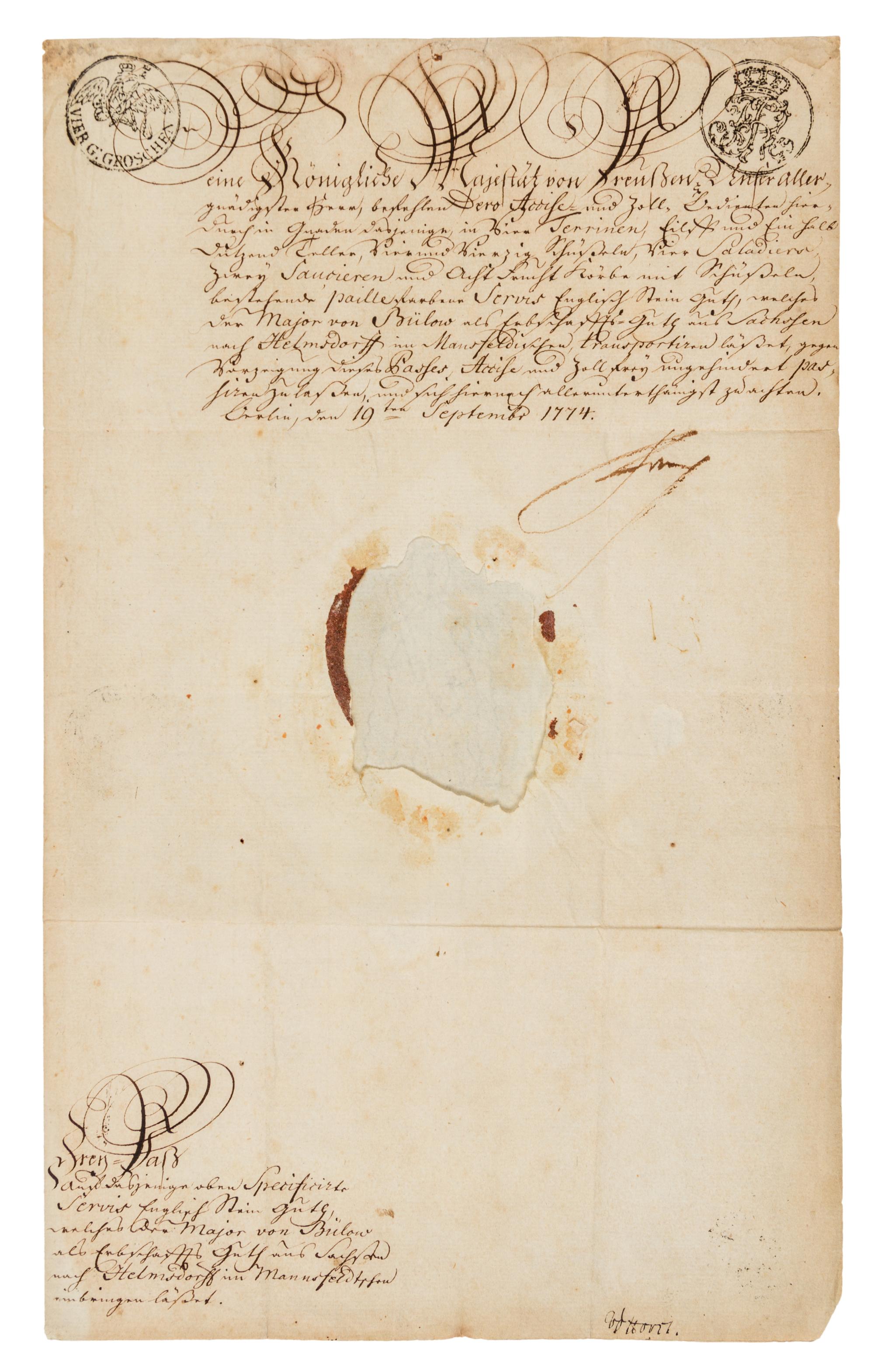 FREDERICH II, King of Prussia (1712-1786). Manuscript signed ("Frch"), in German. Berlin, 19 September 1774.