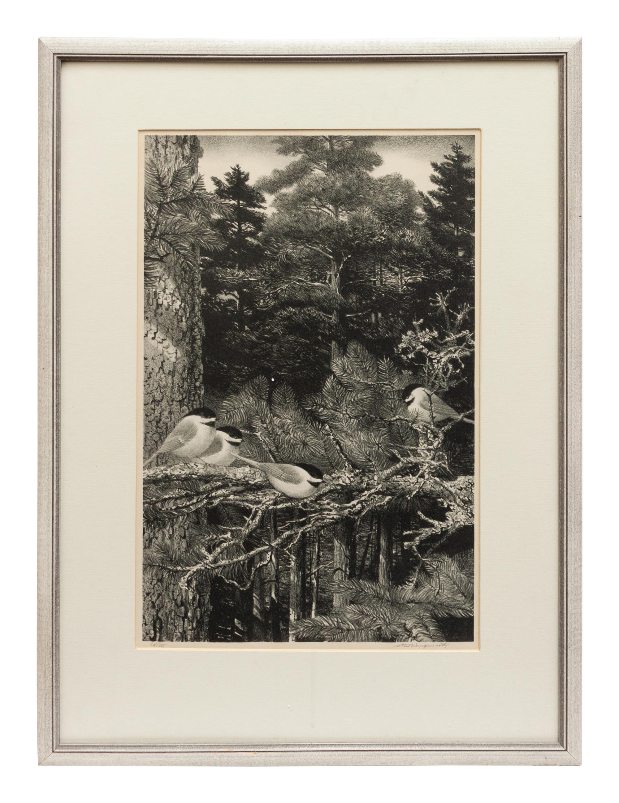 A group of five prints ( Memory , 1971; Four Chickadees , 1956; Little Friends , 1972; Red-Winged Black Birds , 1946; The Matriarch, Owl )