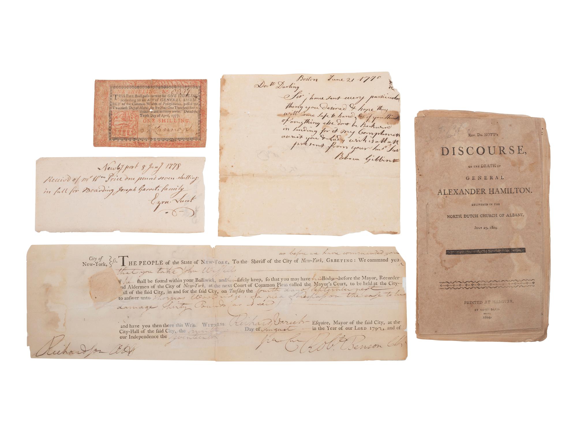 [REVOLUTIONARY WAR]. Group of items associated with Rev War-era figures incl. Alexander HAMILTON.