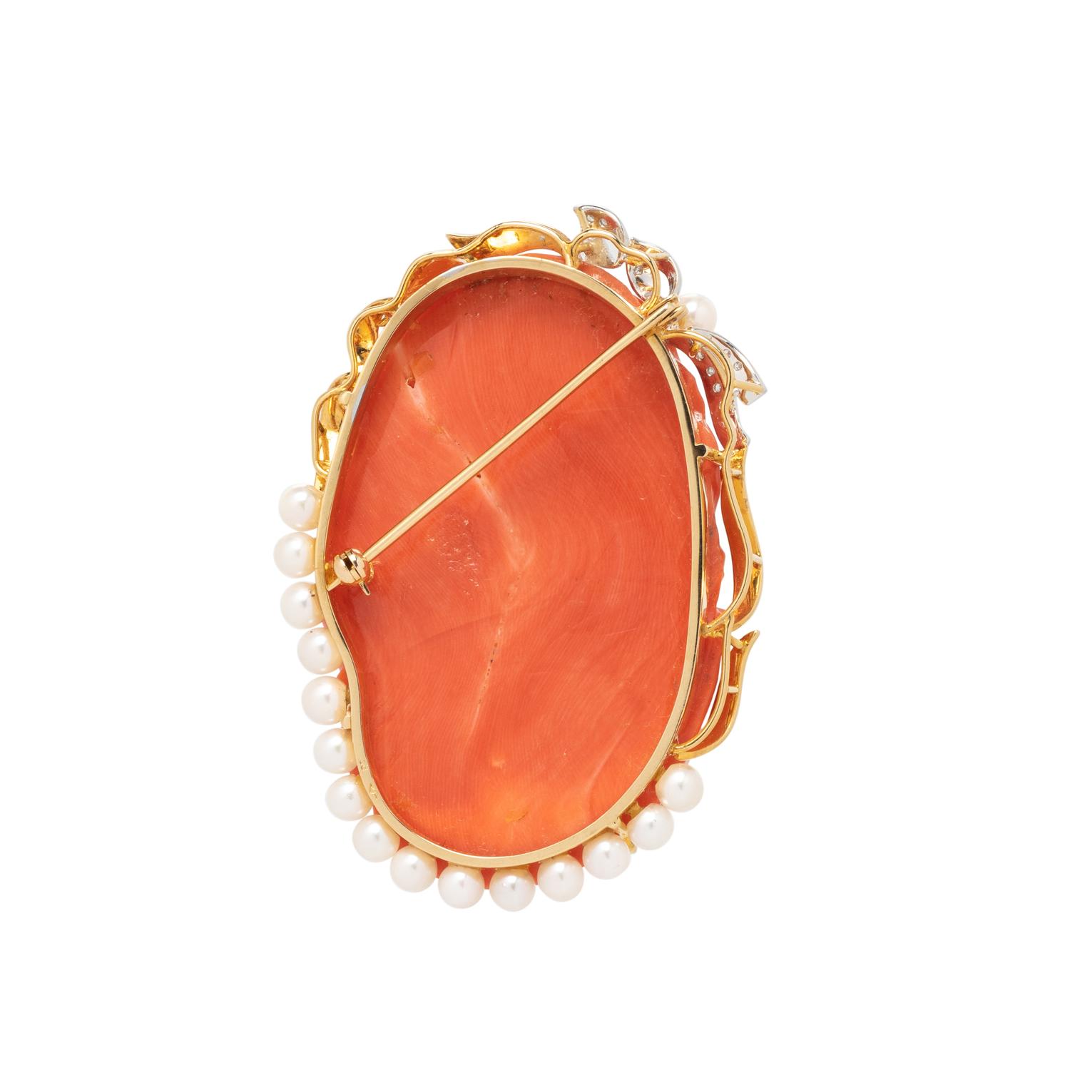 CORAL, CULTURED PEARL AND DIAMOND CAMEO BROOCH