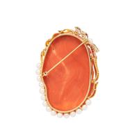 CORAL, CULTURED PEARL AND DIAMOND CAMEO BROOCH