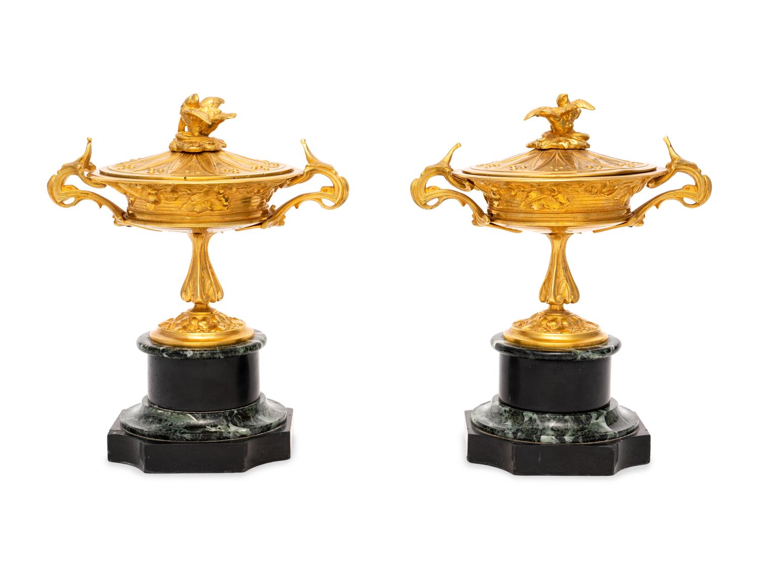 A Pair of French Gilt Bronze and Marble Urn Ornaments