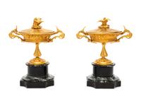 A Pair of French Gilt Bronze and Marble Urn Ornaments