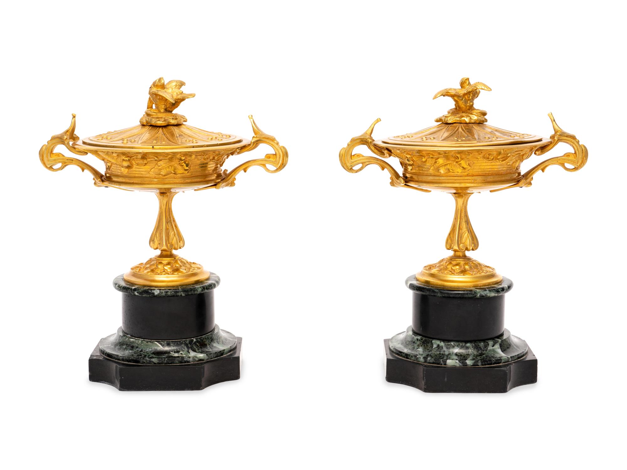A Pair of French Gilt Bronze and Marble Urn Ornaments
