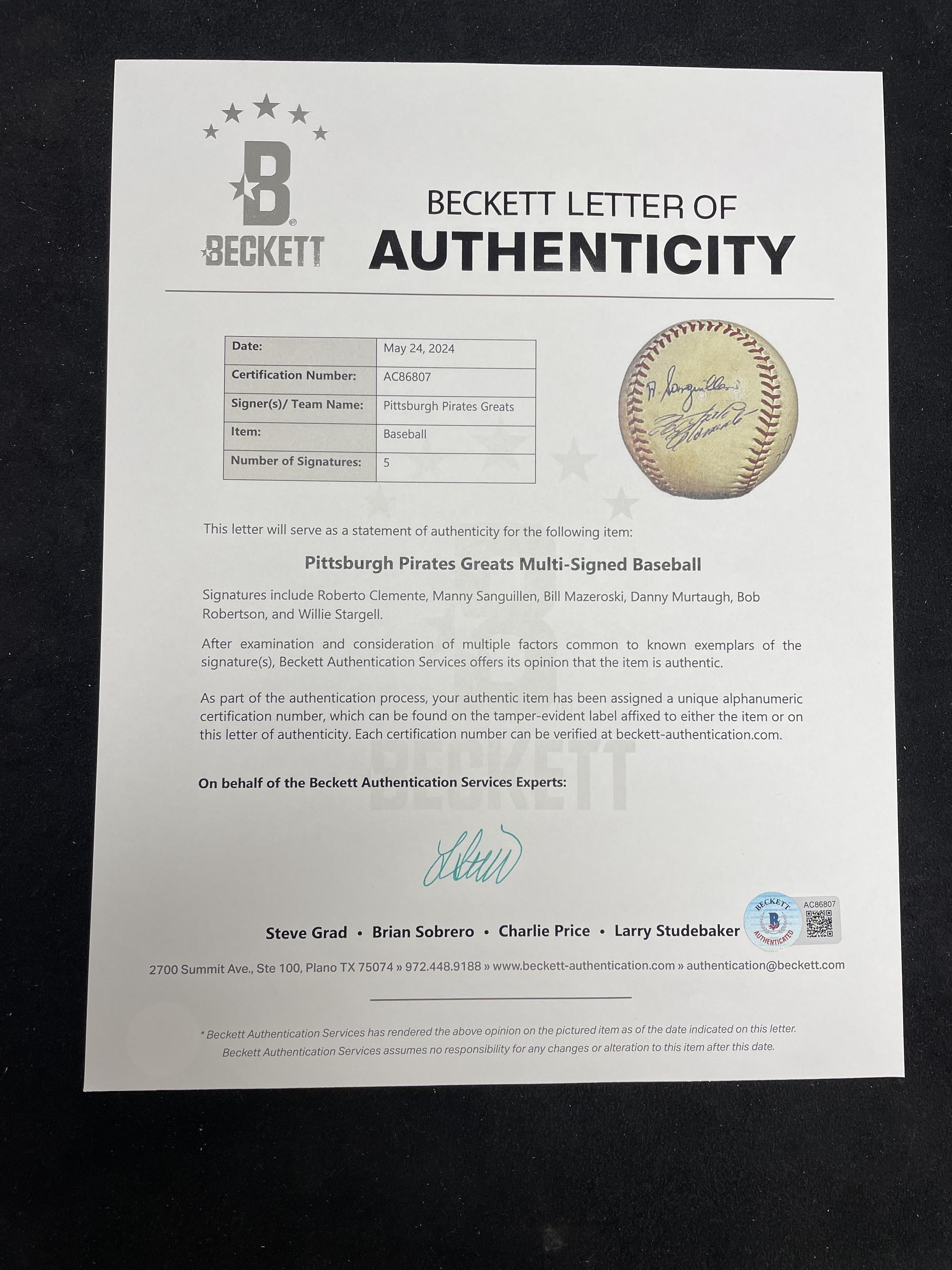 A Multi Signed Pittsburgh Pirates Greats Autograph Baseball Featuring Roberto Clemente (Beckett Authentication Services)