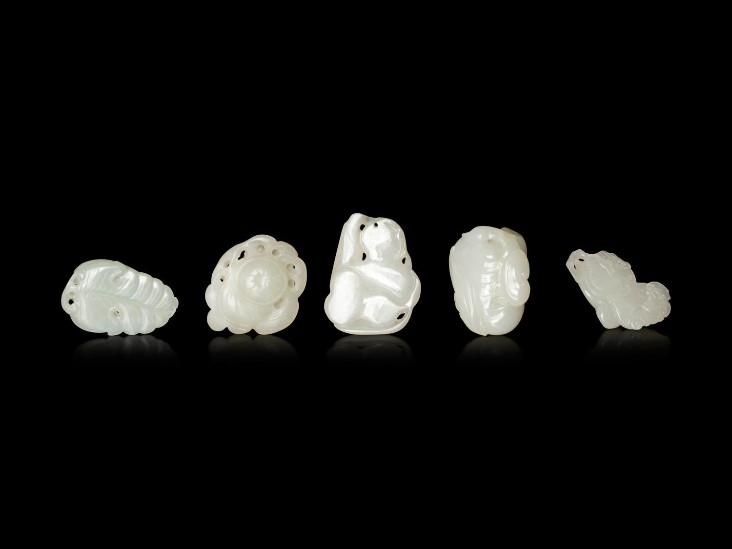 Five White Jade Carved Figures of Fruit